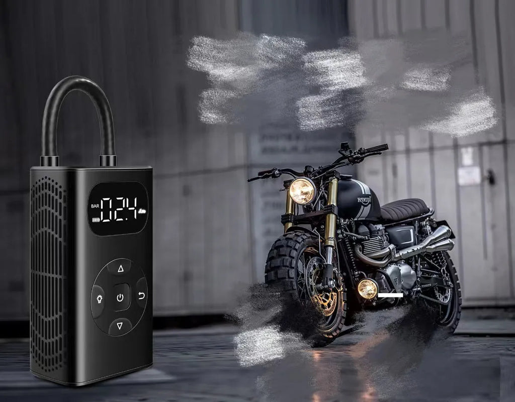 Black aviation material power bank tyre inflator with 16cm tube and USB cable
