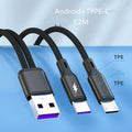 Black braided dual-head USB charging cable with two Android connectors on a white background