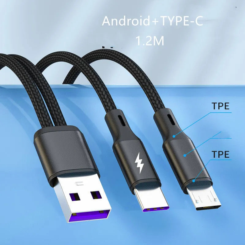 Black braided dual-head USB charging cable with two Android connectors on a white background