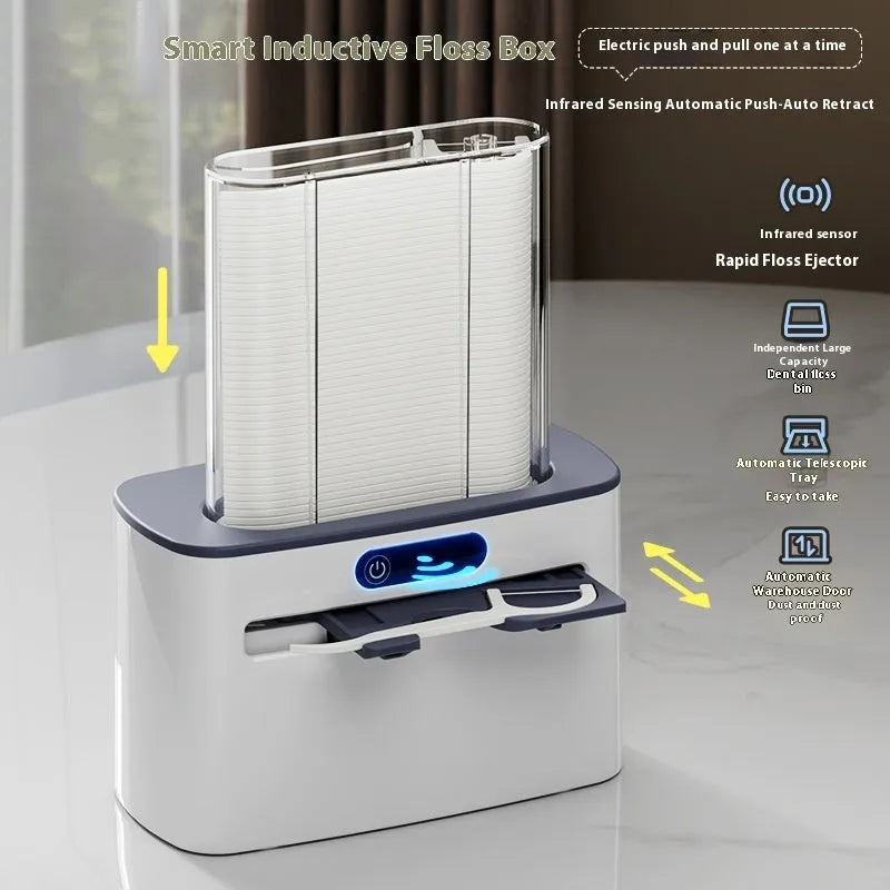 Intelligent induction automatic dental floss box in dark grey, light grey, or gold, showing floss pick dispensed.