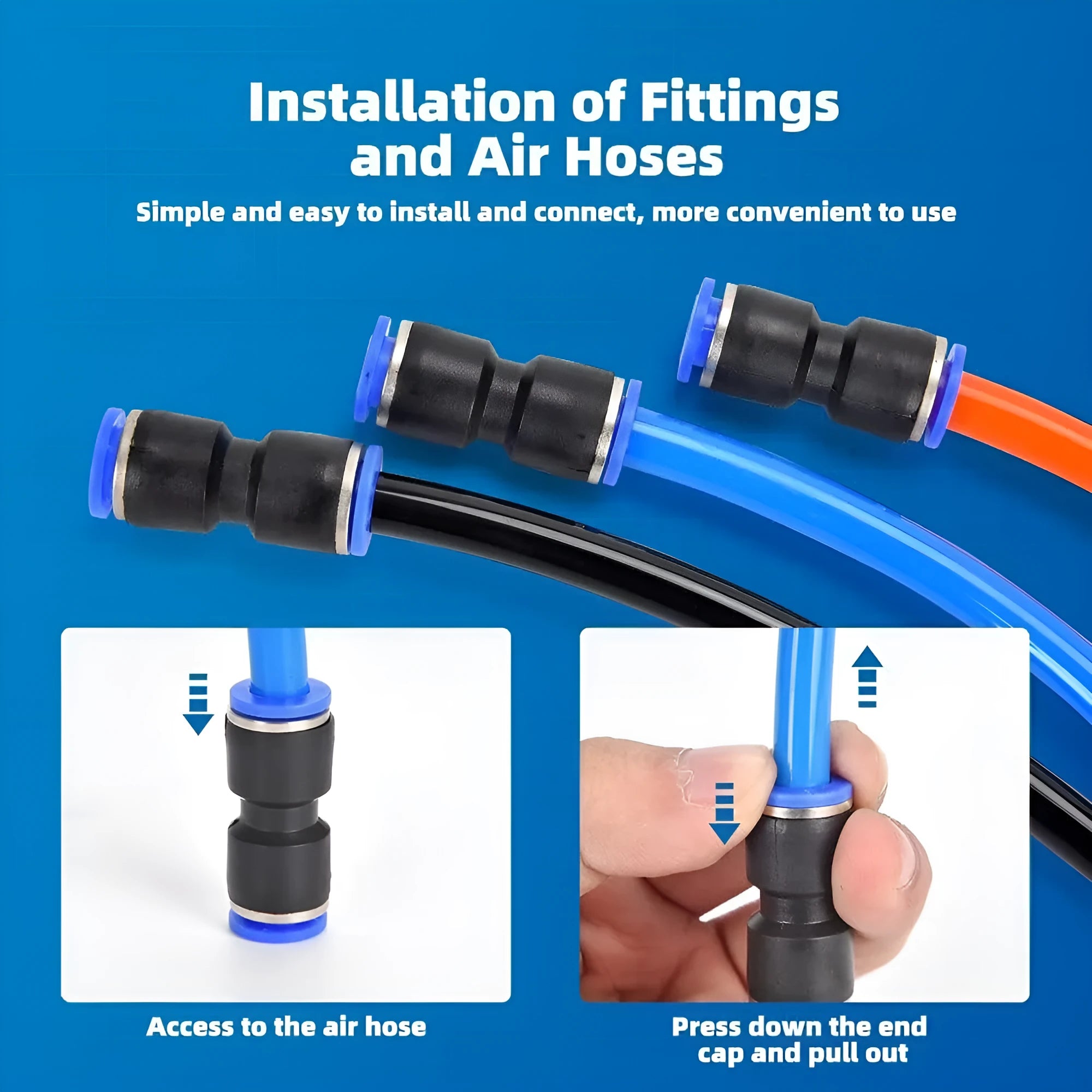 60-piece pneumatic connector kit showing R1/4 and R1/2 thread sizes for compressed air systems