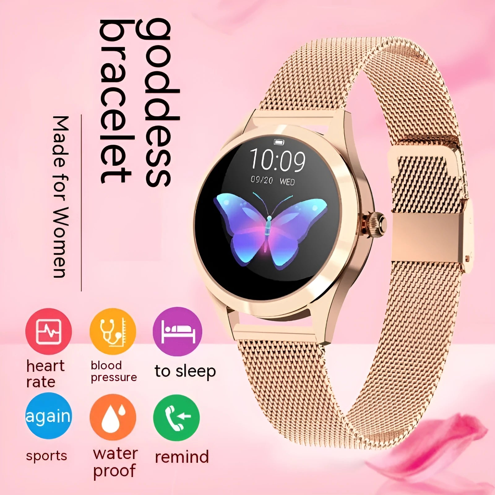 Women's sports smartwatch with heart rate monitoring and waterproof fitness tracking features