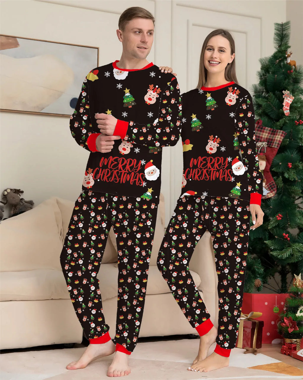 Family matching Christmas pajamas set in plaid and cartoon prints, showing adult, child, and dog sizes.