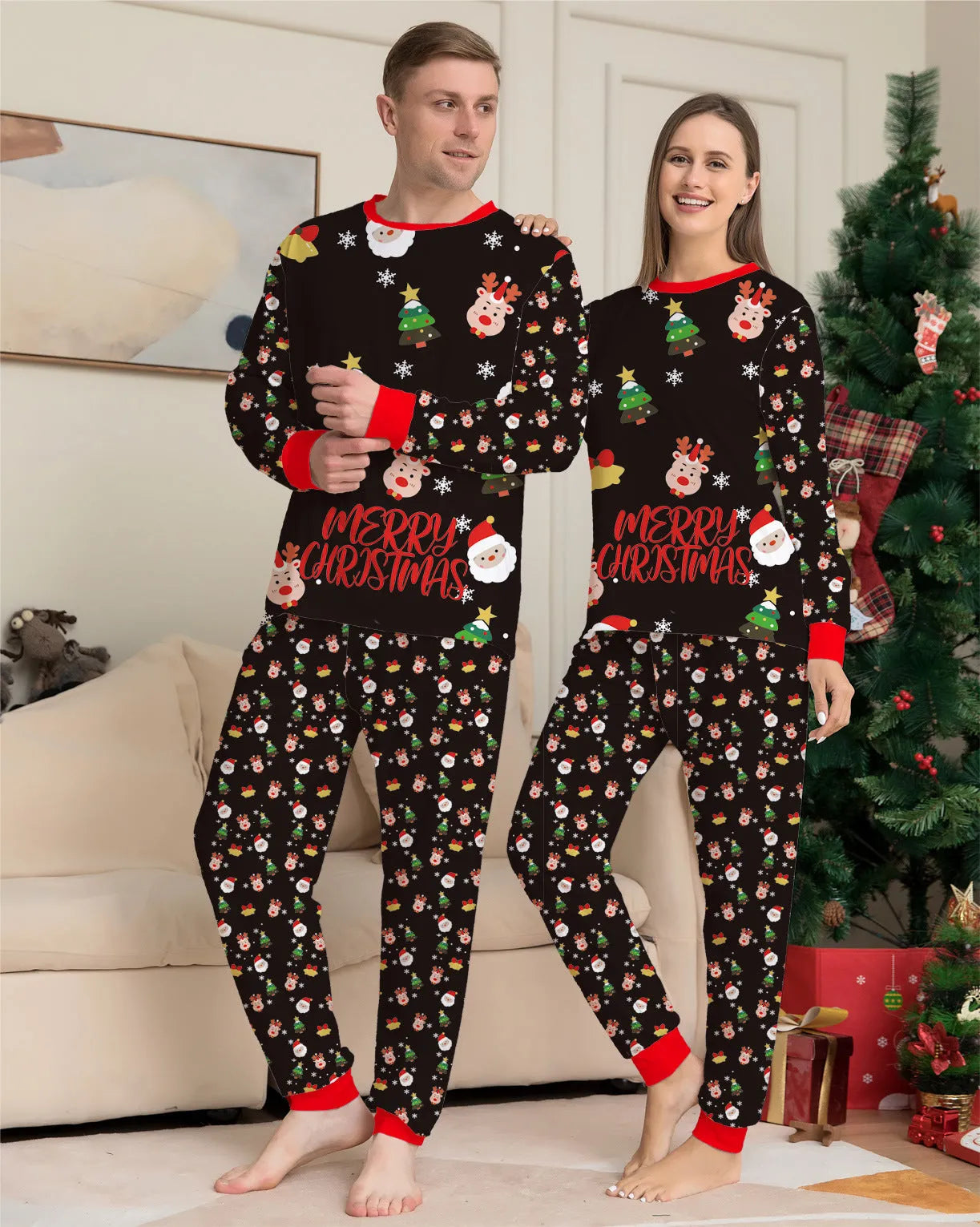 Family matching Christmas pajamas set in plaid and cartoon prints, showing adult, child, and dog sizes.