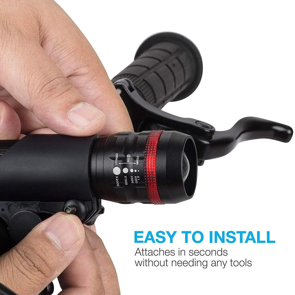 Bicycle headlights and taillights set with metal mounting bracket on a black background