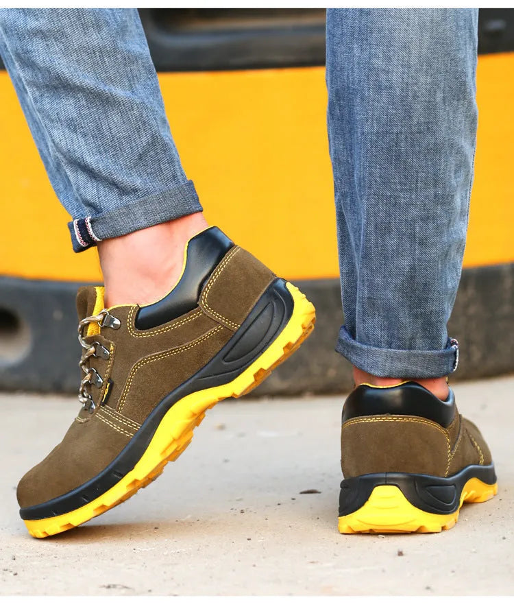 Bronze low-cut steel toe safety shoes made from cow suede leather with a non-slip sole.