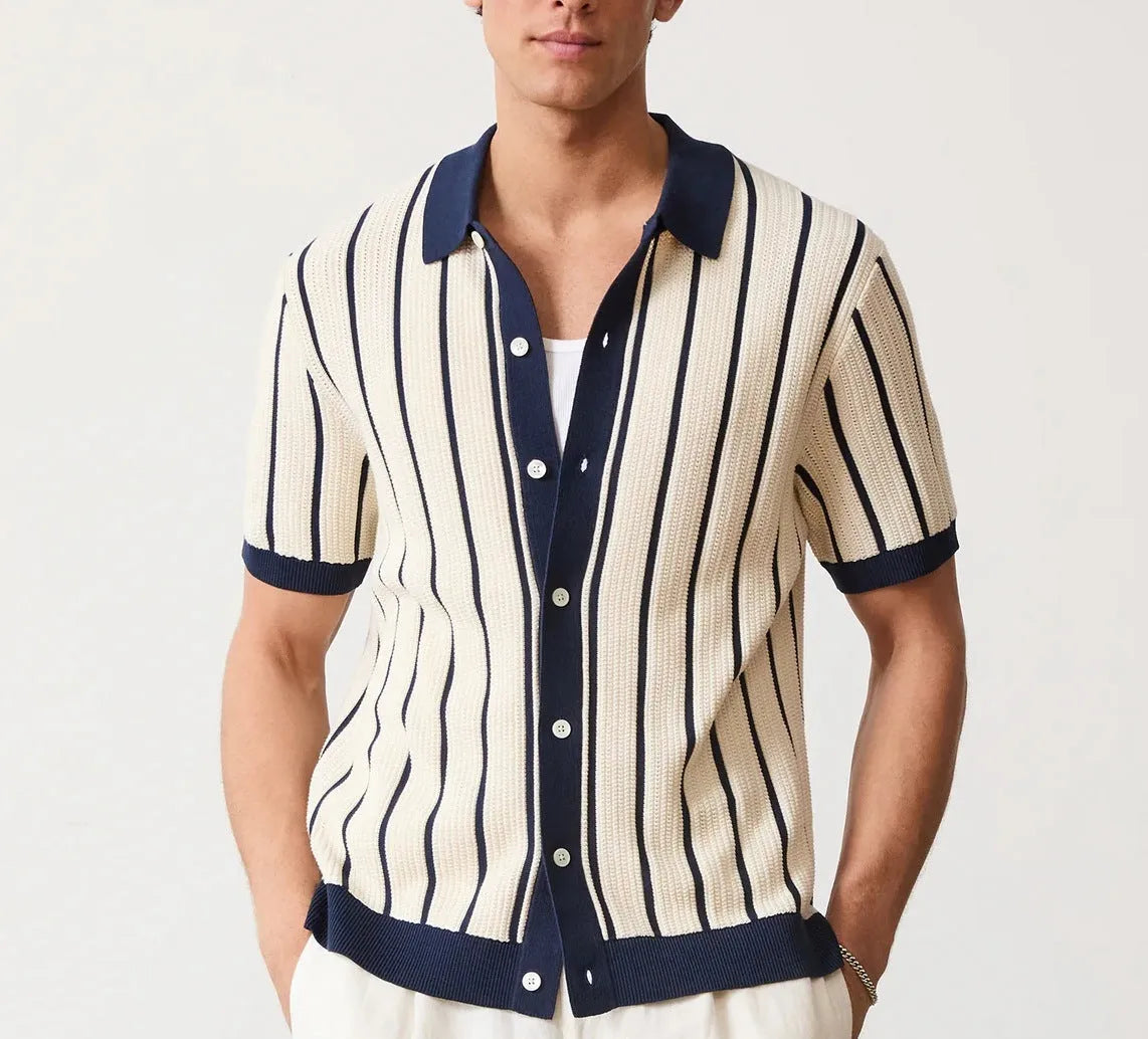 Men's white knitted short-sleeve shirt with lapel collar and asymmetrical British style design