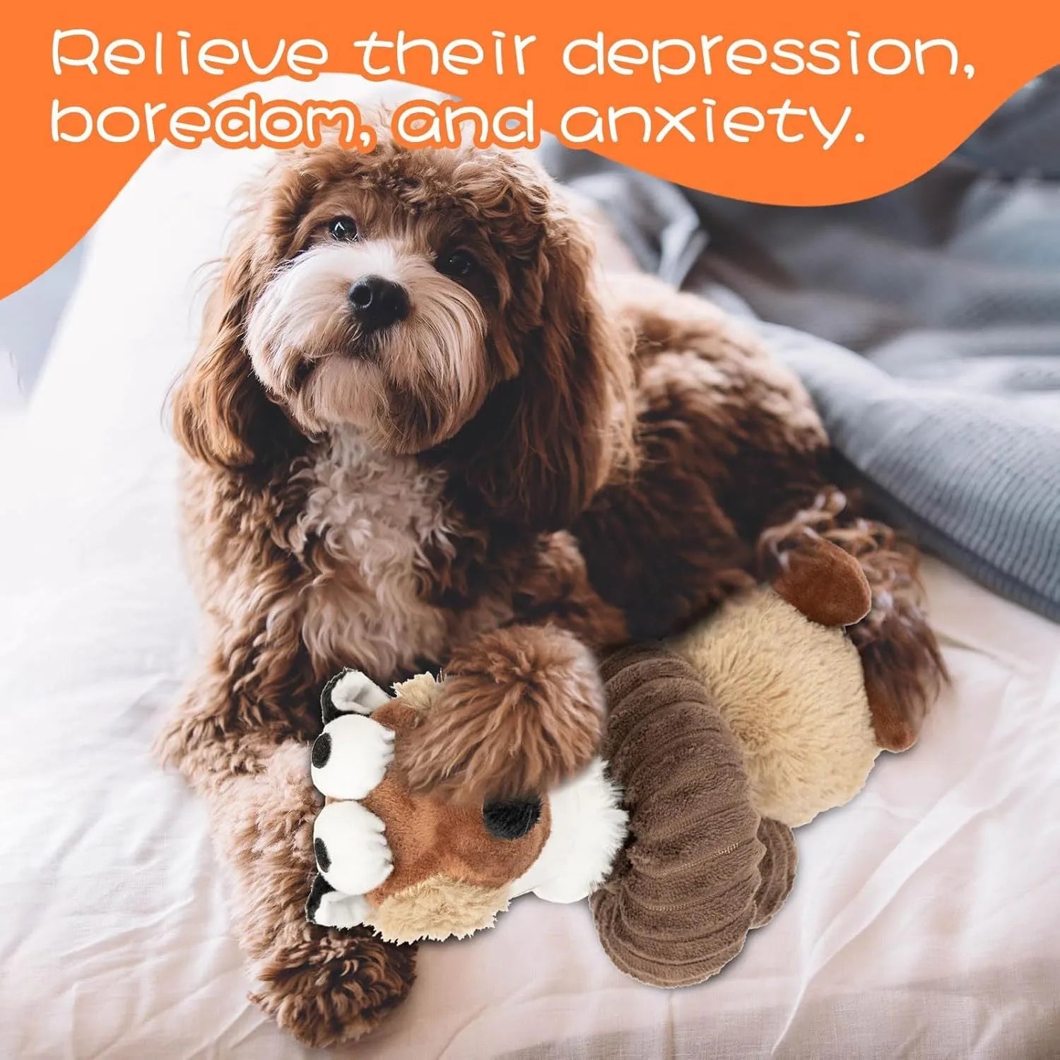 Brown, grey, and yellow plush dog toys with a foldable design for squeaky and crinkle play.