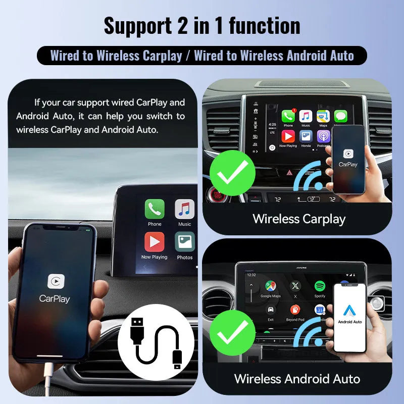 Black mini CarPlay USB interface adapter with wireless data transfer measuring 26×55×13mm