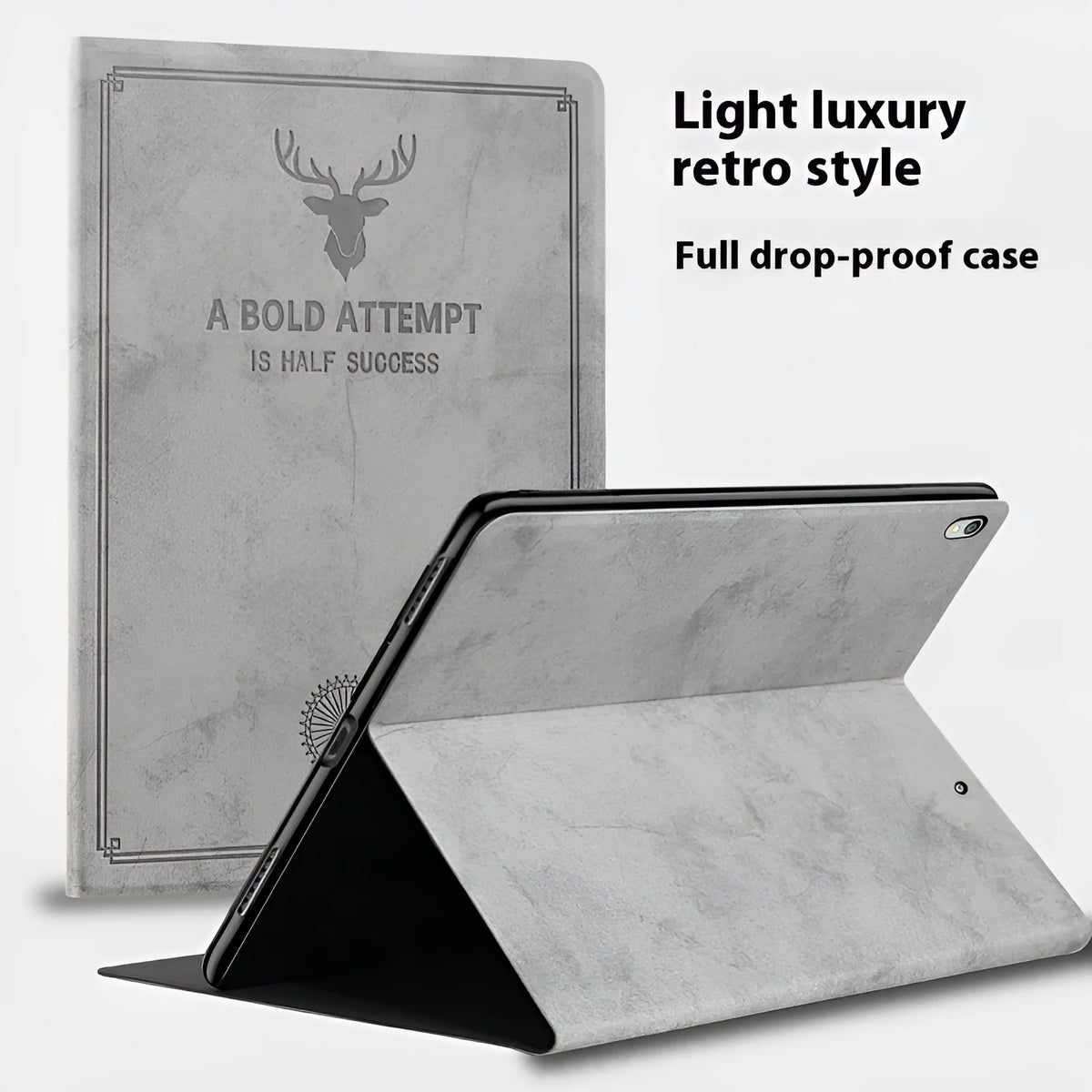 TPU leather soft shell clamshell case for Apple iPad featuring a creative deer elk design in black brown blue or gray colours