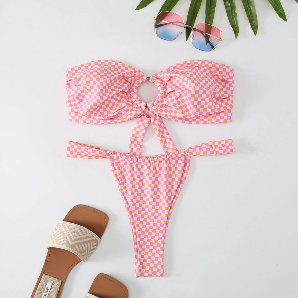 Women's floral printed tube top ring bikini swimsuit with backless briefs design