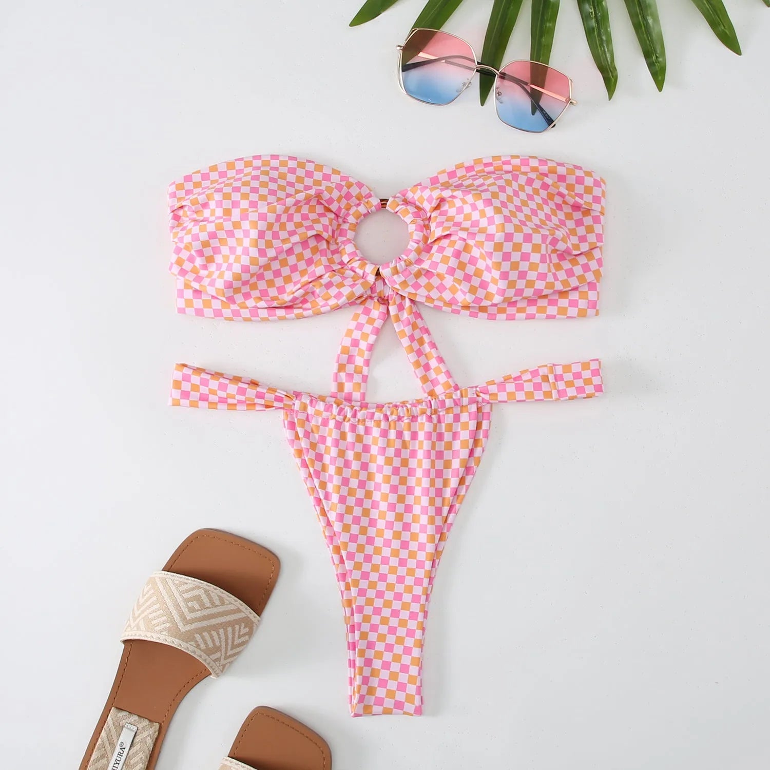Women's floral printed tube top ring bikini swimsuit with backless briefs design