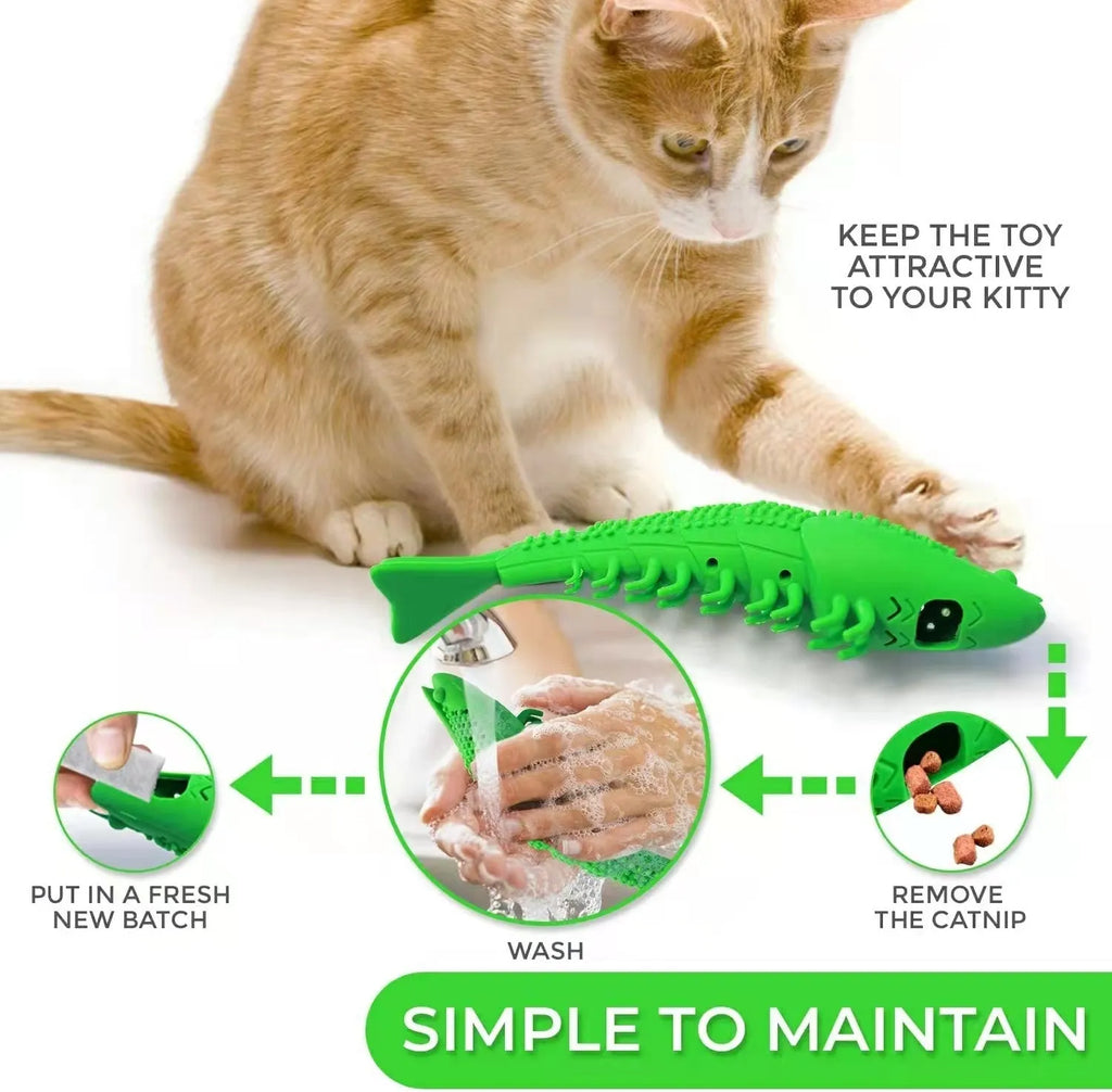 Blue hard rubber catnip chew toy with dental cleaning texture and interactive bell