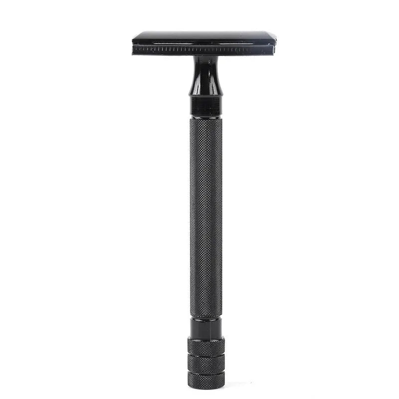 Manual stainless steel shaver and brush set for traditional wet shaving in black or silver finish