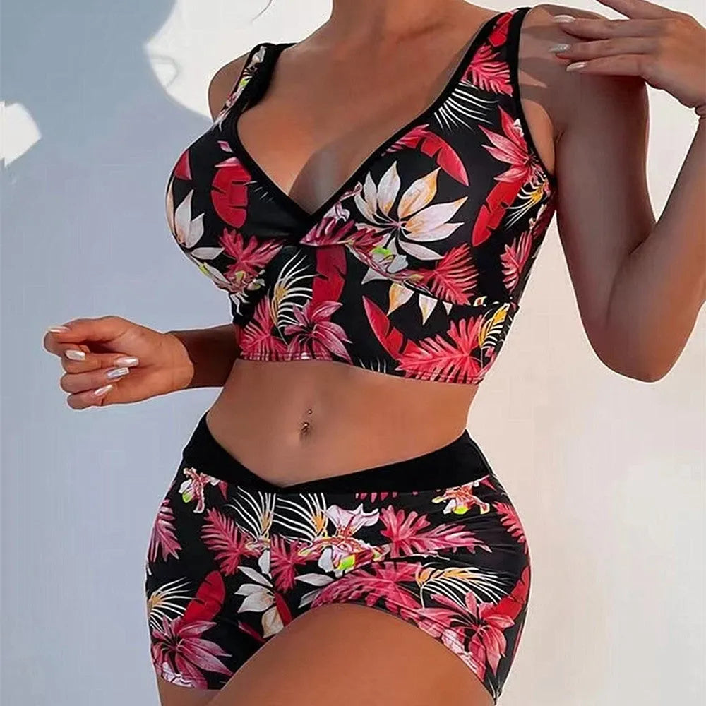 Women's two-piece swimsuit with printed boxer briefs in multi-colour pattern