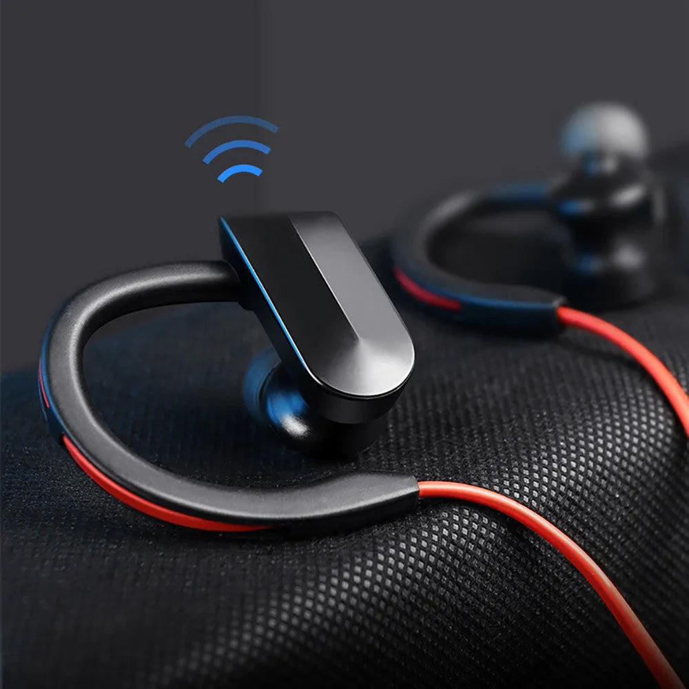 Wireless neckband Bluetooth earphones in black colour showing earpieces and neck-mounted design