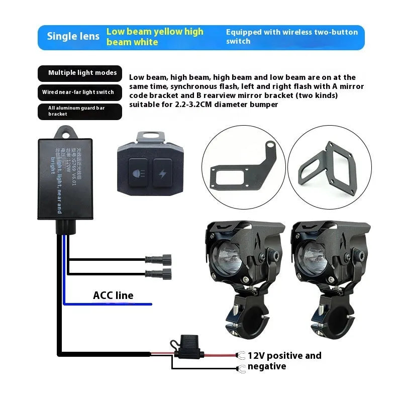 Motorcycle LED spotlight kit with integrated tangent lens, wireless remote control, and mounting brackets