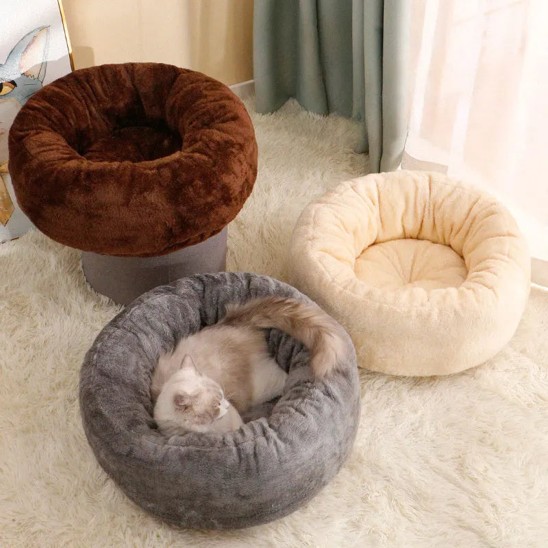 Round plush donut dog bed in Arctic fleece and PP cotton, available in 45cm, 55cm, and 65cm, Coffee Grey White