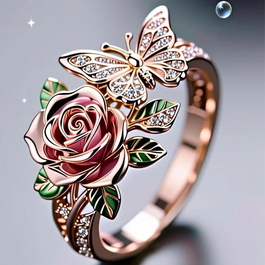 Adjustable fairy style butterfly alloy ring with colourful oil drip finish and floral insect leaf design.