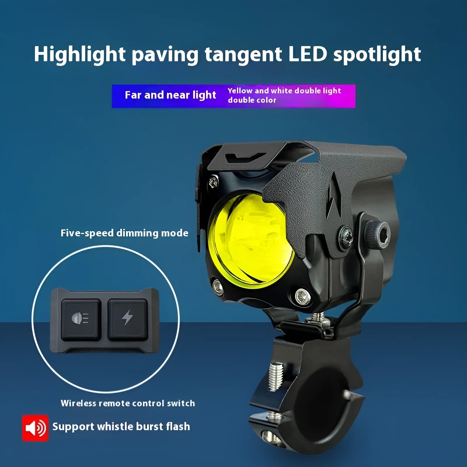 Motorcycle LED spotlight kit with integrated tangent lens, wireless remote control, and mounting brackets