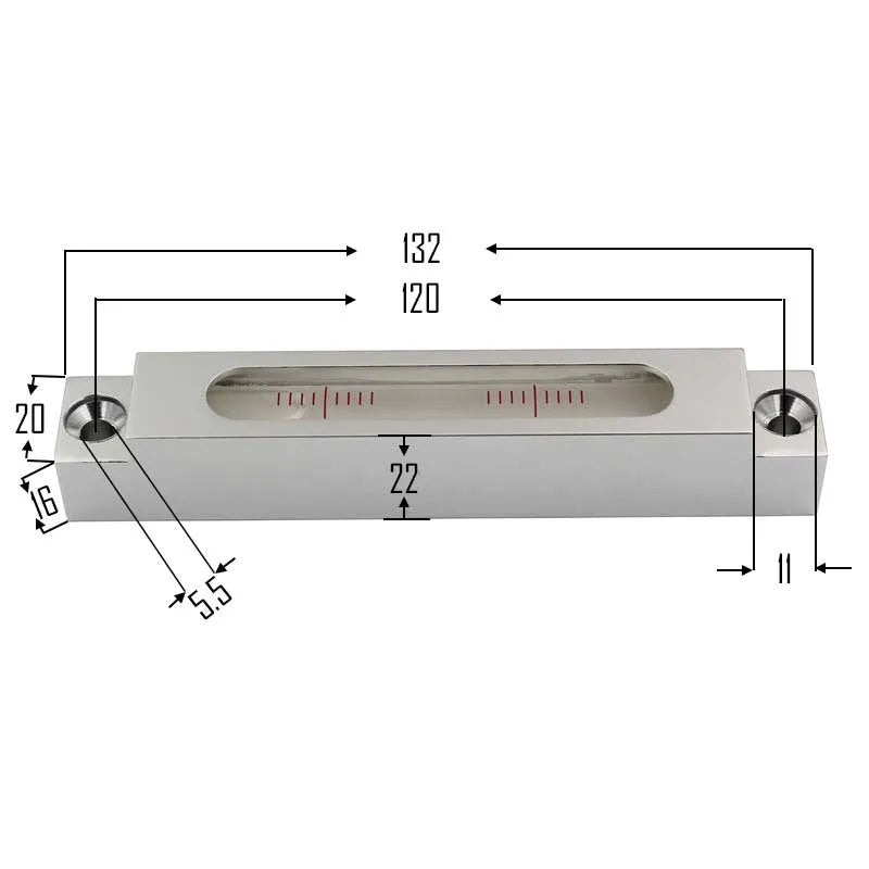 Mini metal spirit level with glass vial showing 500 bubbles for precise measurement
