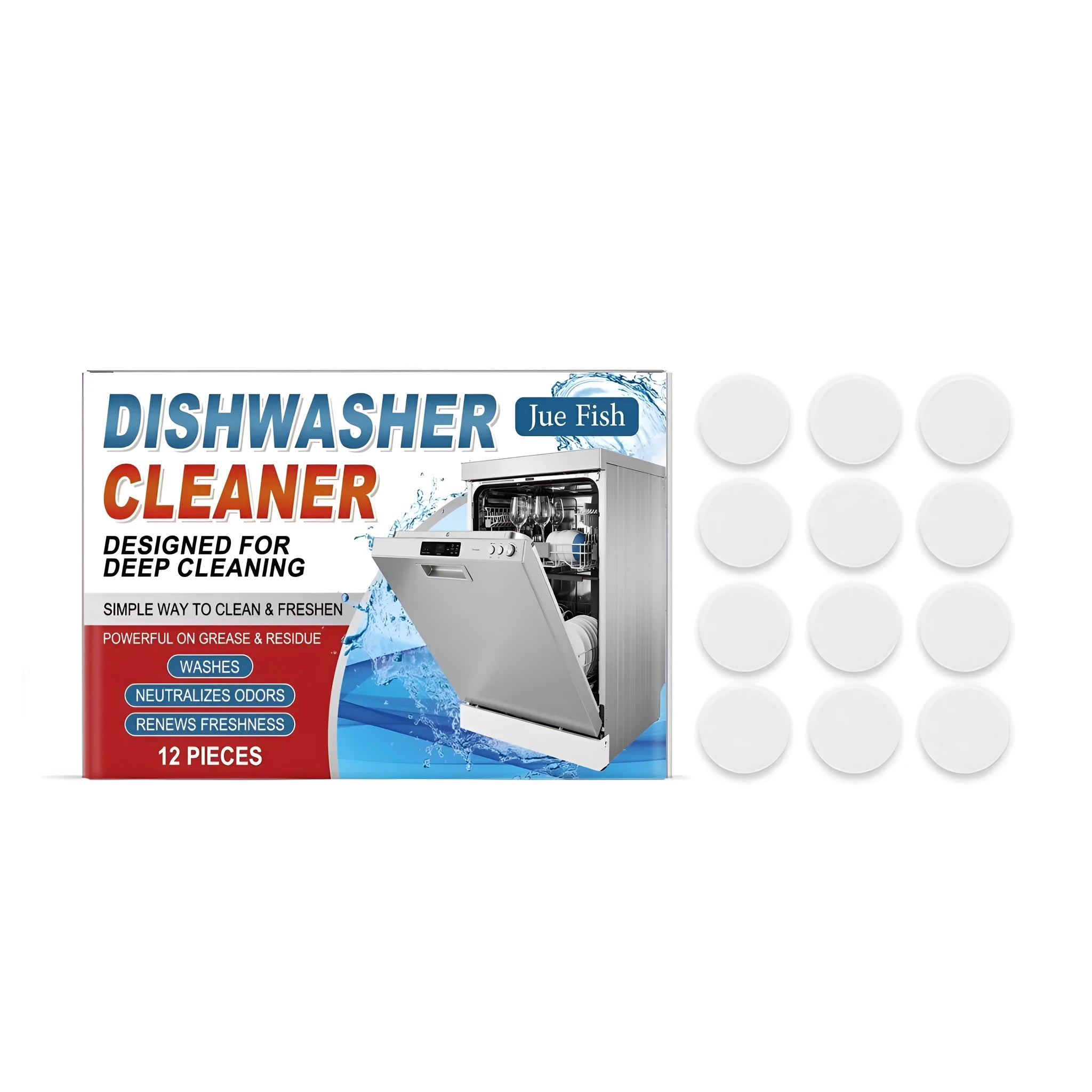 Pack of 12 household dishwasher cleaning tablets with chlorine-free formulation