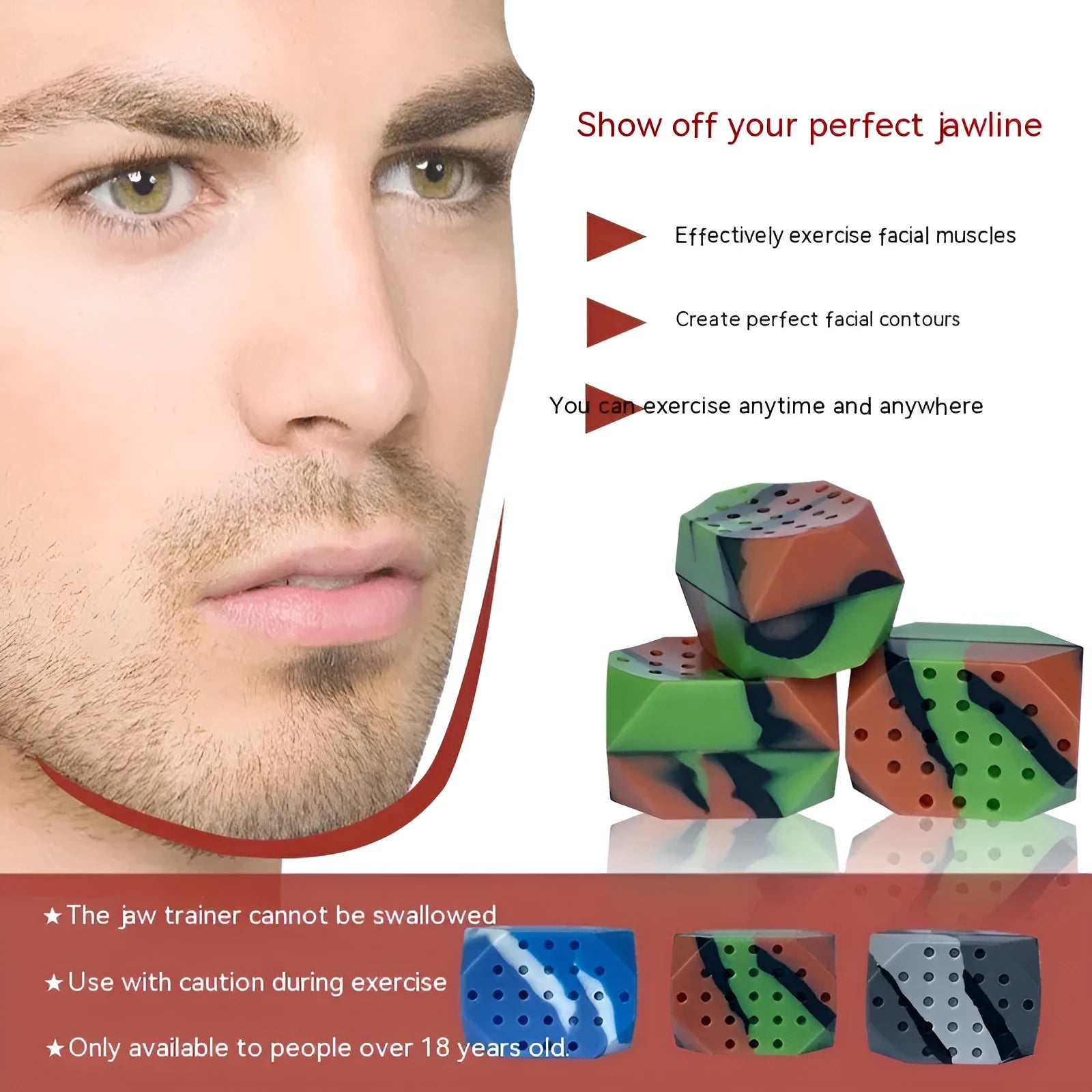 Two camouflage silicone facial exercise balls in transparent packaging for jaw muscle training