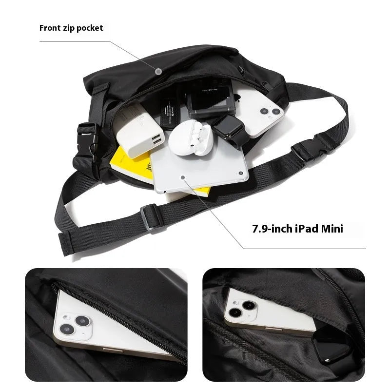 Black slanted chest bag showing sewing line details and 8-inch size