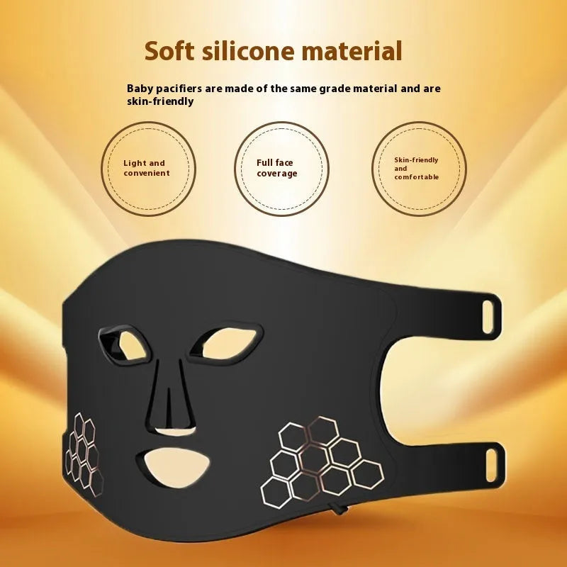 Black LED photon therapy face mask with four-colour infrared lights and adjustable settings for home skincare treatment