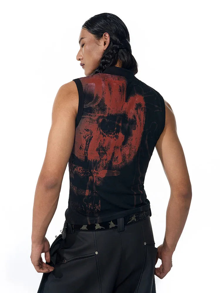 Black half turtleneck sleeveless slim-fit t-shirt with a character print on the front.