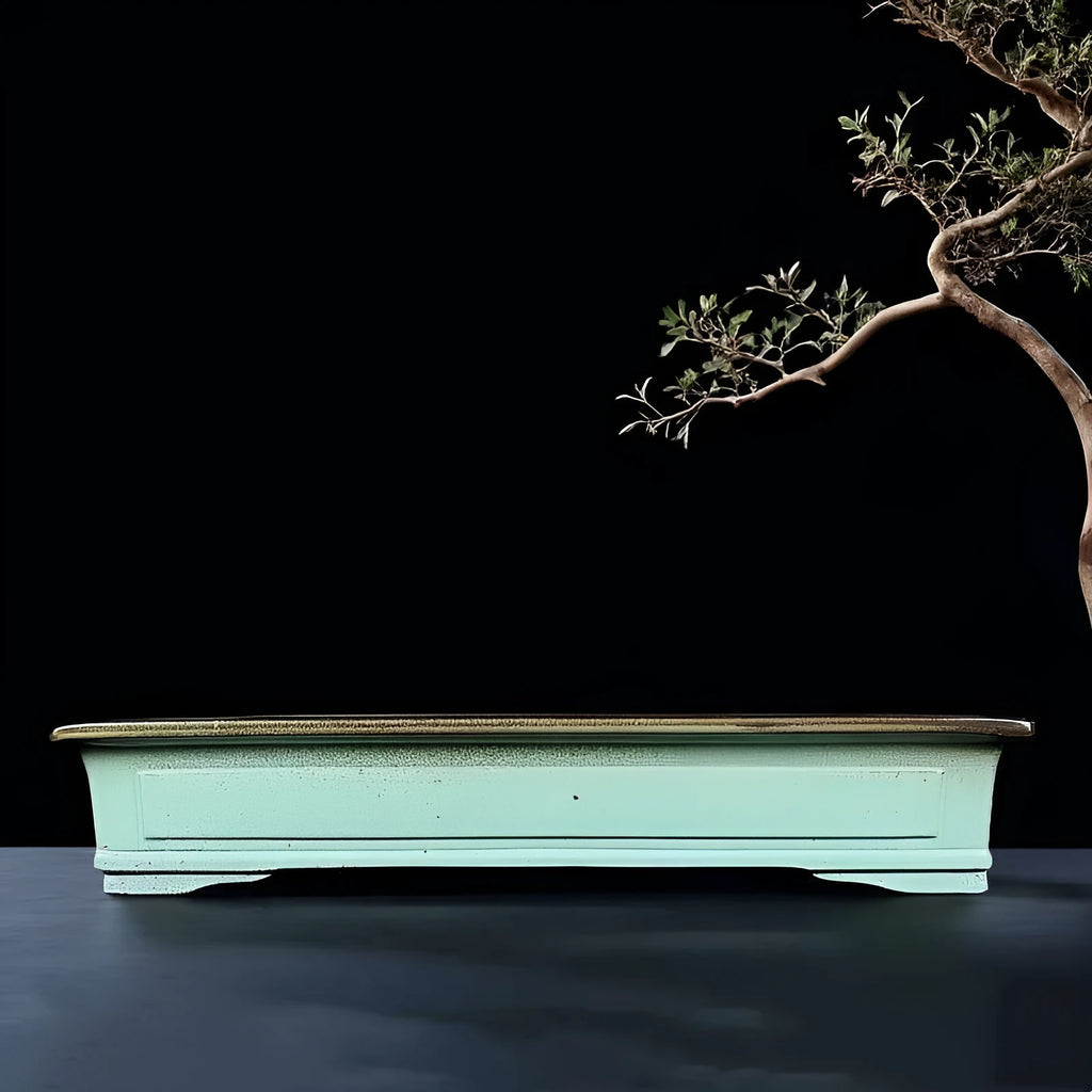 Green handmade ceramic bonsai pot with purple sand crackled glaze retro finish