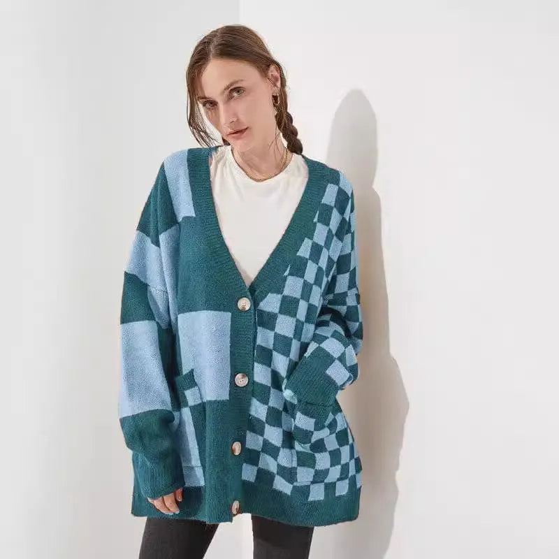 Printed checks knitted cardigan in loose slim fit style showing six colour options
