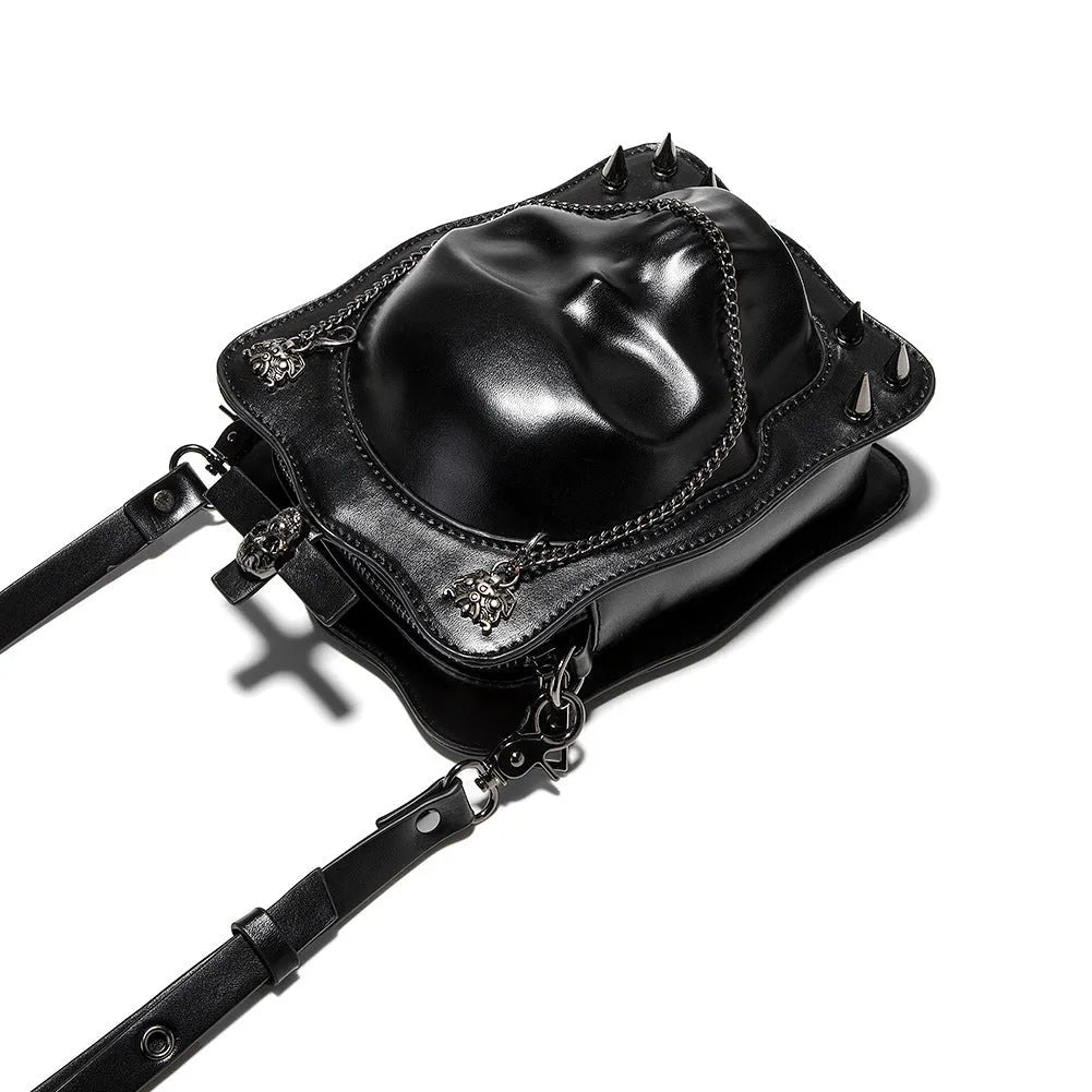 Black Halloween skull mini square messenger crossbody bag with stitching, rivets, chains, and embossing details