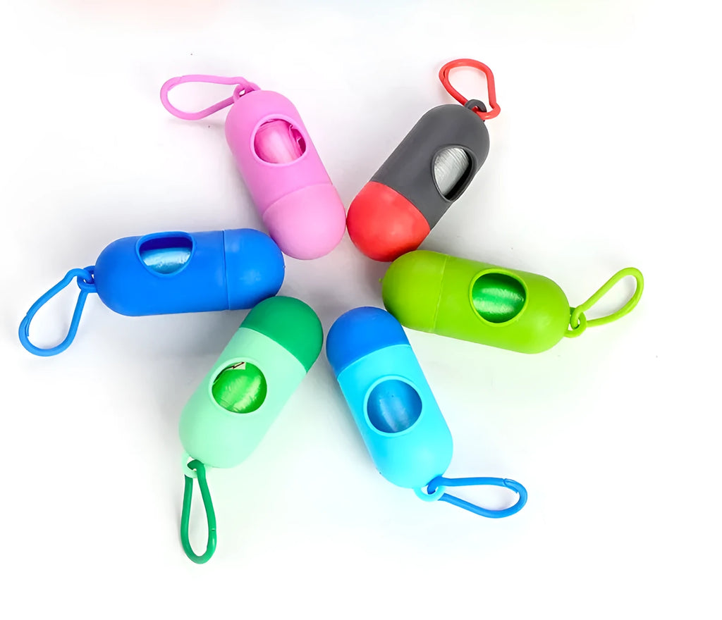 Roll of coloured dog waste disposal bags showing 22.5x30cm size and variety of colours