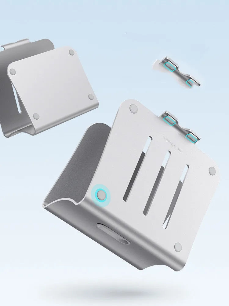 Aluminium alloy laptop cooling bracket with striped silver finish and adjustable rotary stand.