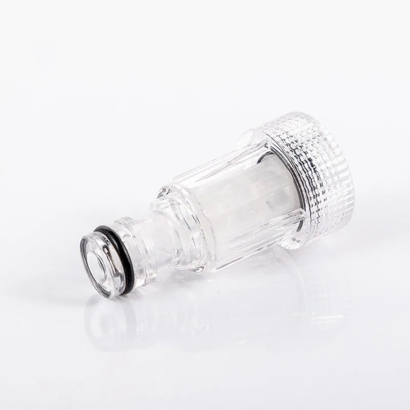 Transparent plastic inlet joint and filter screen for Karcher pressure washer, 3cm diameter.