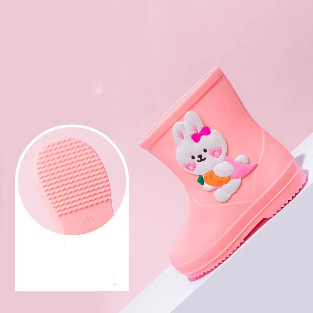 Children's cartoon rain boots with love rabbit pattern, PVC waterproof upper, non-slip sole, sizes 14-20cm.