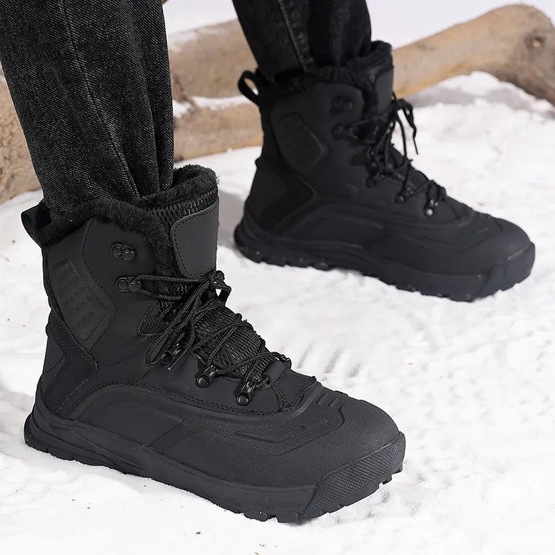 Men's black fleece-lined high-top boots with lace-up front and flat heel