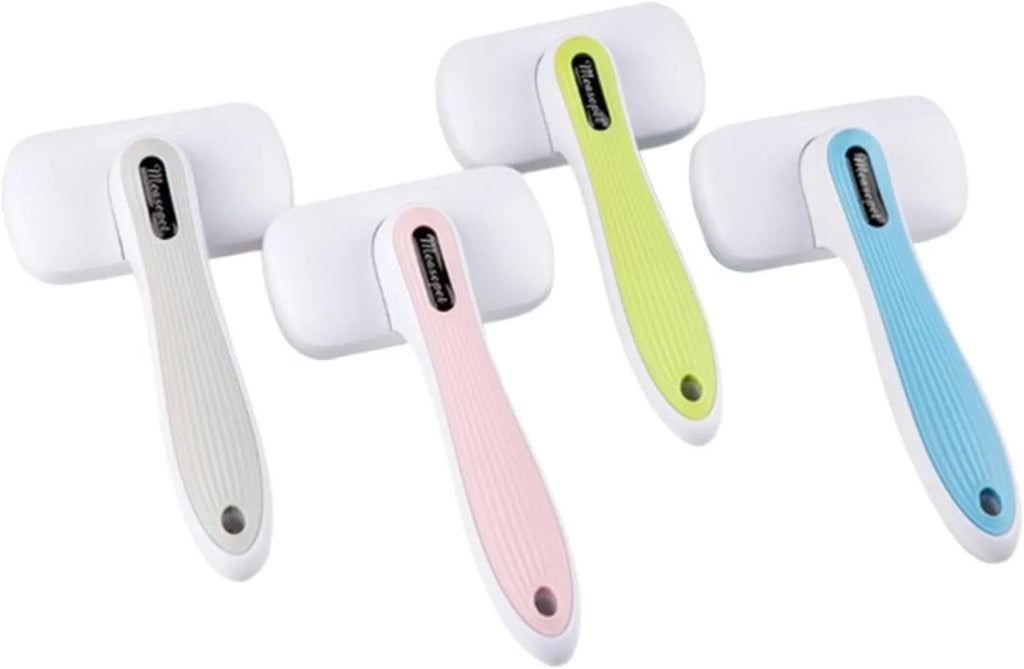 Automatic pet hair removal comb for dogs and cats in blue, grey, green, or pink colours