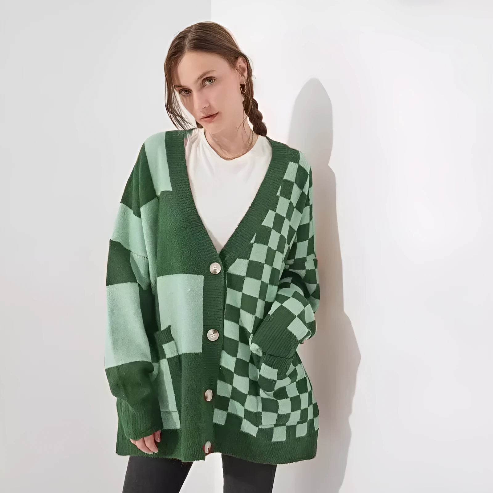 Printed checks knitted cardigan in loose slim fit style showing six colour options