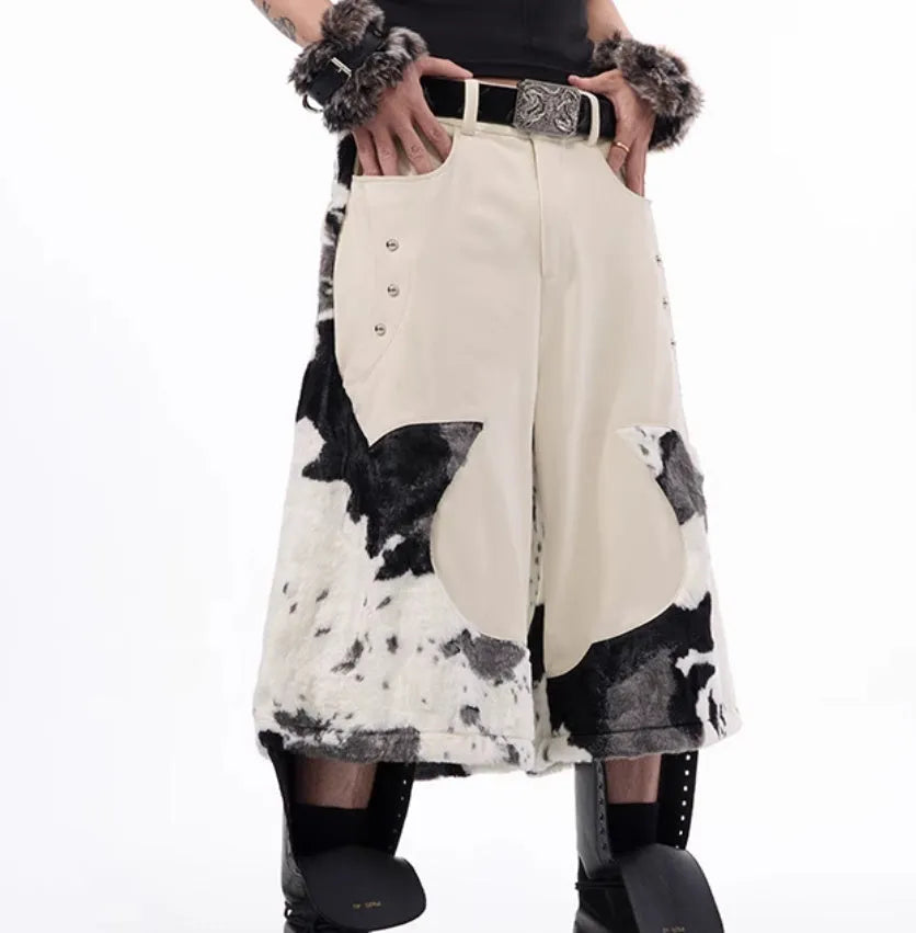 Stitching milk fibre fur cropped pants with personalised checkered, striped, printed or embroidered patterns