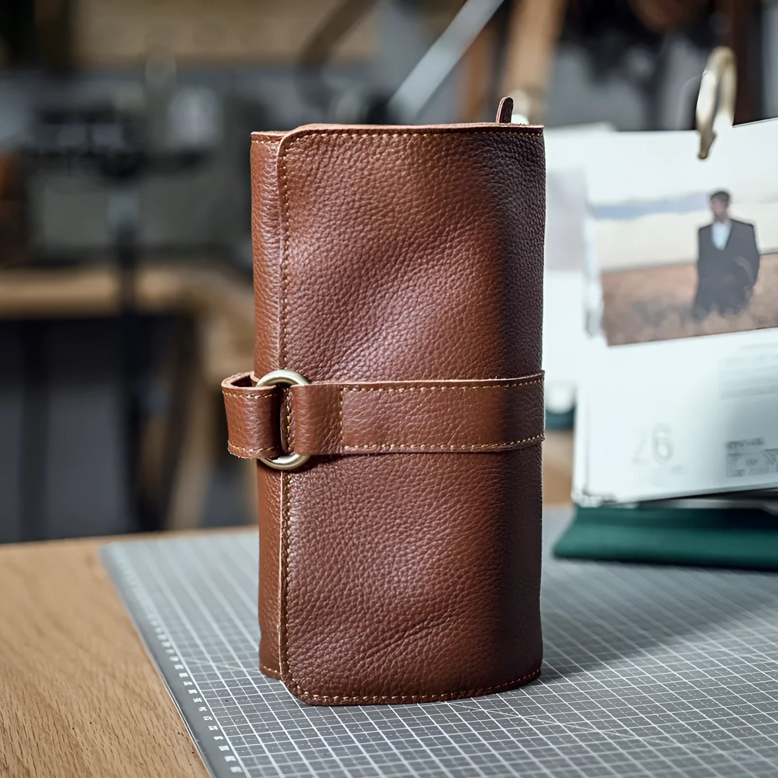 Handmade cow leather vintage wallet with tape extraction closure