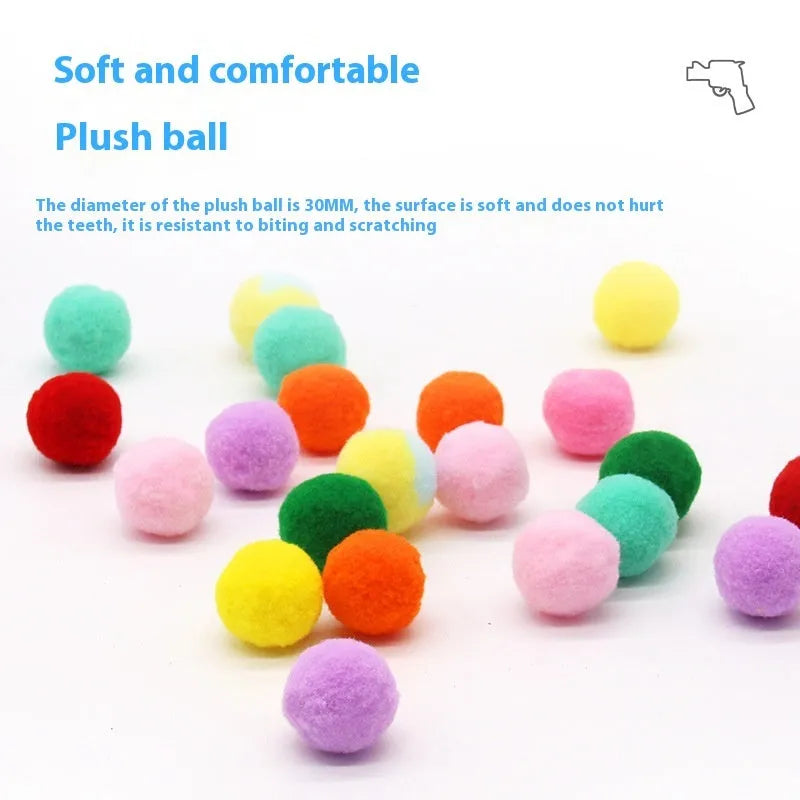 30cm pet toy launch gun with soft plush yarn balls for interactive play with cats and dogs
