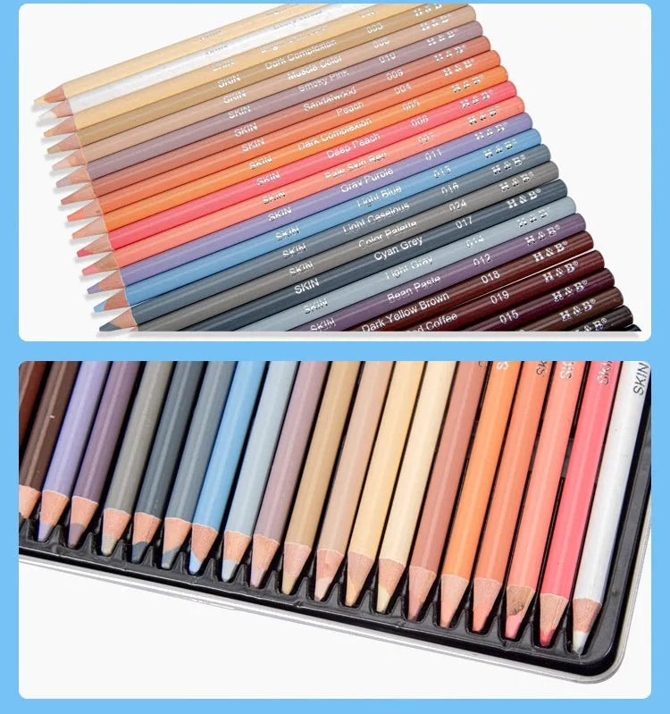 24 skin tone coloured pencils in iron tin case with round brush pot for portrait artwork