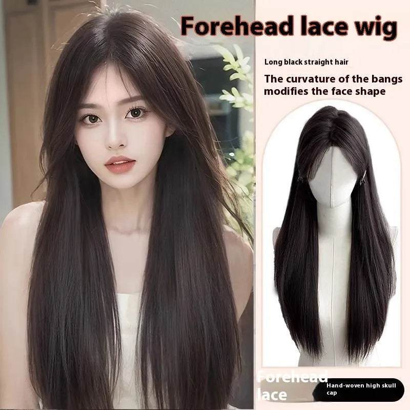 Forehead lace long straight synthetic wig in dark brown and cold brown shades with side bangs.