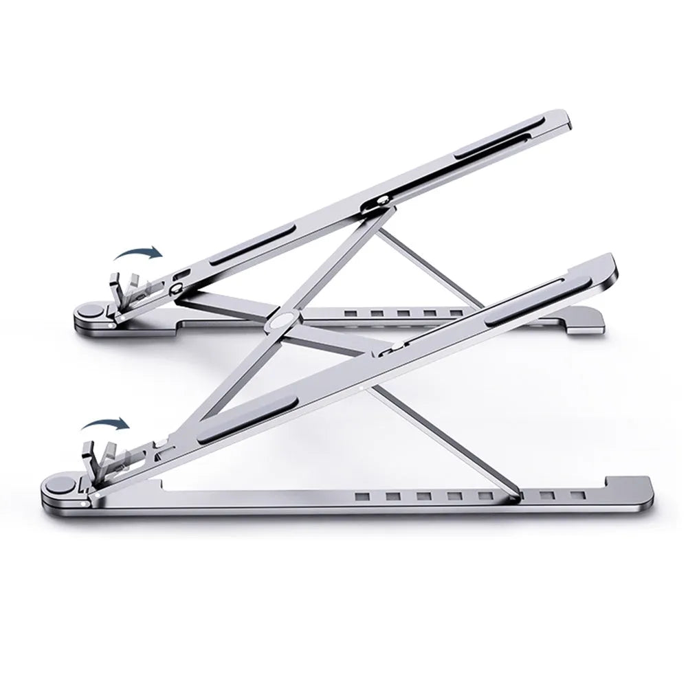 Portable aluminium laptop stand folded showing adjustable height mechanism