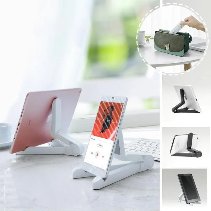 Black foldable tablet holder displaying a smartphone in landscape mode on a desk.