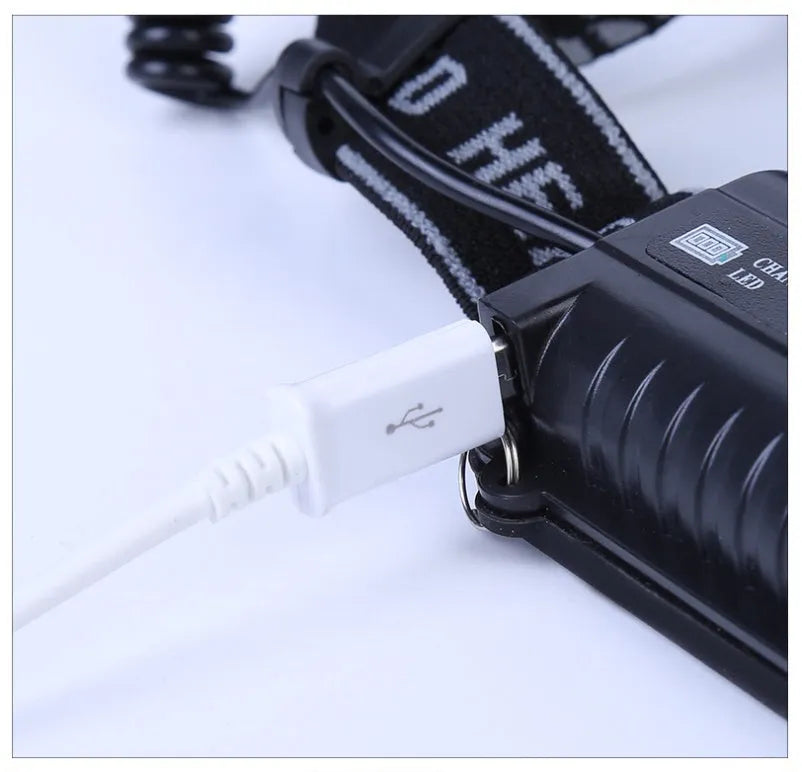 Outdoor head-mounted LED torch with adjustable strap, shown with strong beam illumination.