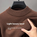 Men's solid colour half turtleneck wool pullover showing fine yarn knit construction