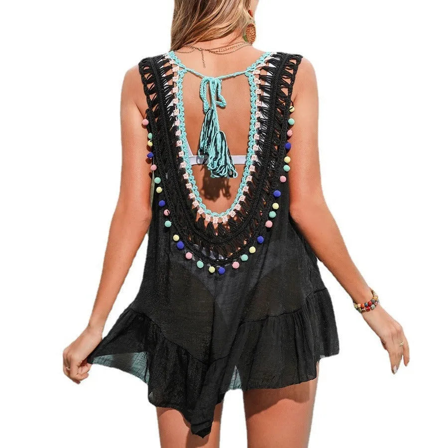 Black hand-crocheted beach cover-up swim dress with cut-out design and ruffled hem